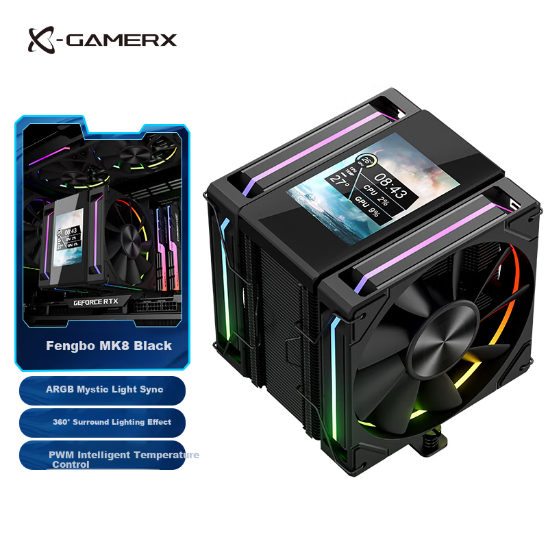 PowerTrain Unknown Player MK8 Black CPU Air Cooler with Screen, 6 Copper Heat Pipes, ARGB Sync, Dual Fans for Desktop PC, 1851/1700/AM4/AM5