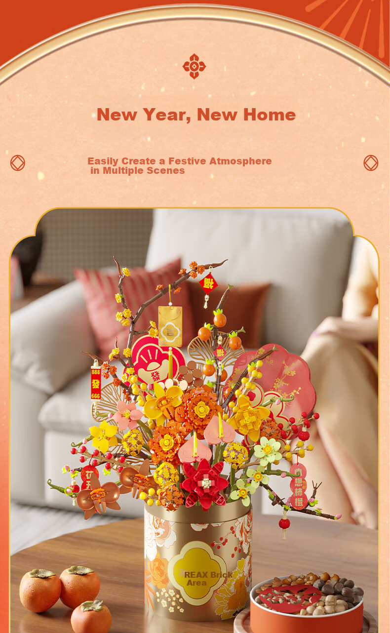 AREA-X Brick Zone Building Block Flower Shop Series Trendy Building Block Toy Holiday Gift Heartfelt Persimmon Orange - Hug Bucket 8