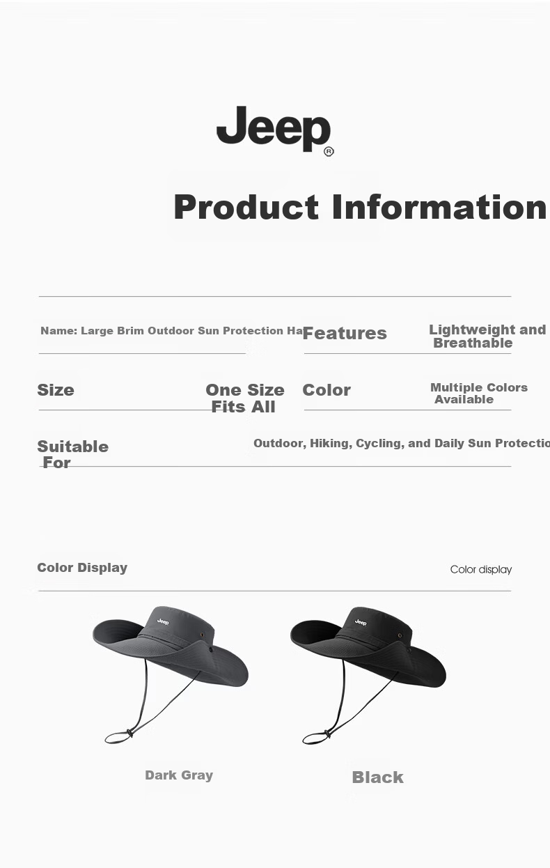 JEEP Men's Outdoor Sun Protection Hat Hiking Fishing Sunshade Wide Brim Hat Black 7