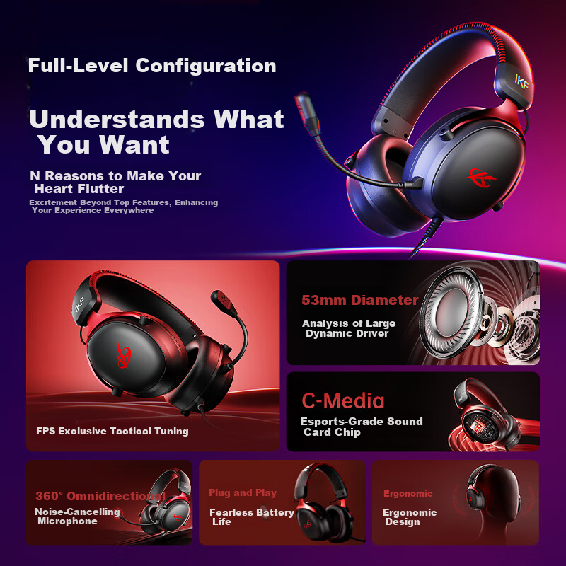 IKF V11 S [3.5mm Version] Gaming Headset Wired Over-Ear Esports Headphones 7.1 Surround Sound FPS Positional Audio Valorant Delta Smoke Gray