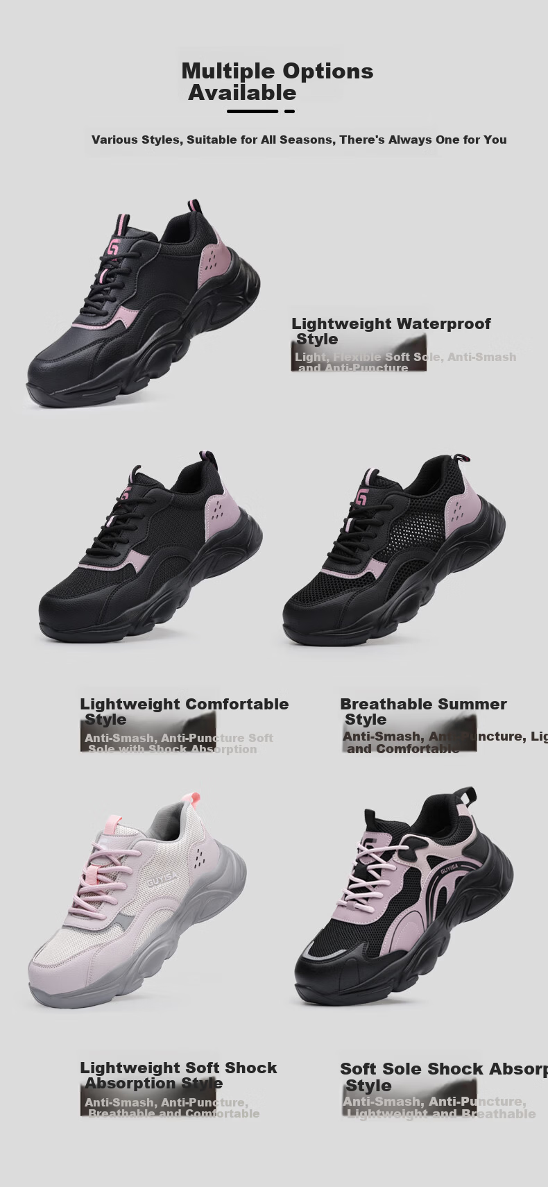 Junbu Women's Safety Work Shoes Anti-Smash Anti-Puncture Steel Toe Waterproof Ultra-Light Soft Sole Comfortable Construction Shoes 5076 Size 37 10