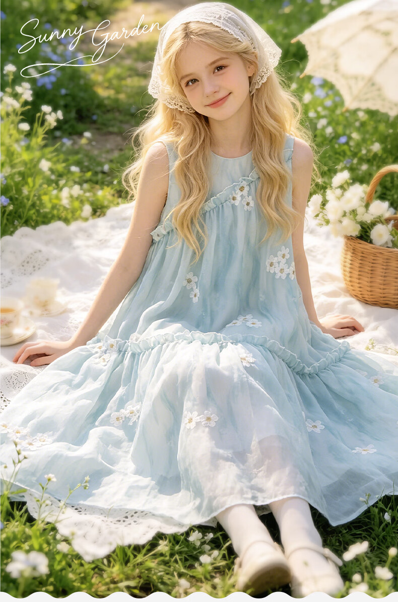 Disney Girls Floral Princess Dress Summer Vacation Long Dress for Big Kids 1A154 Ice Blue 120 1
