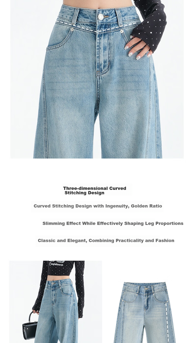 LangSha Vintage Wide-Leg Jeans for Women, Spring Style, Light Blue Patchwork Design, High-Waisted Straight-Leg Draping Floor-Length Pants 7