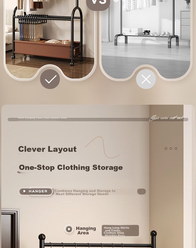 Muhan Yue Floor Standing Coat Rack Bedroom Home Clothes Hanger Storage Drying Rack Indoor Mobile Clothing Rack 3
