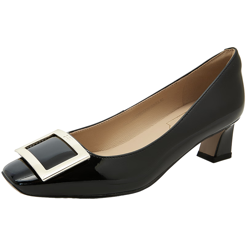 COMELY Women's Single Shoes, Spring New Style, Square Buckle Genuine Leather Versatile Chunky Heel Elegant Patent Leather Commuter High Heels, Black, Size 39