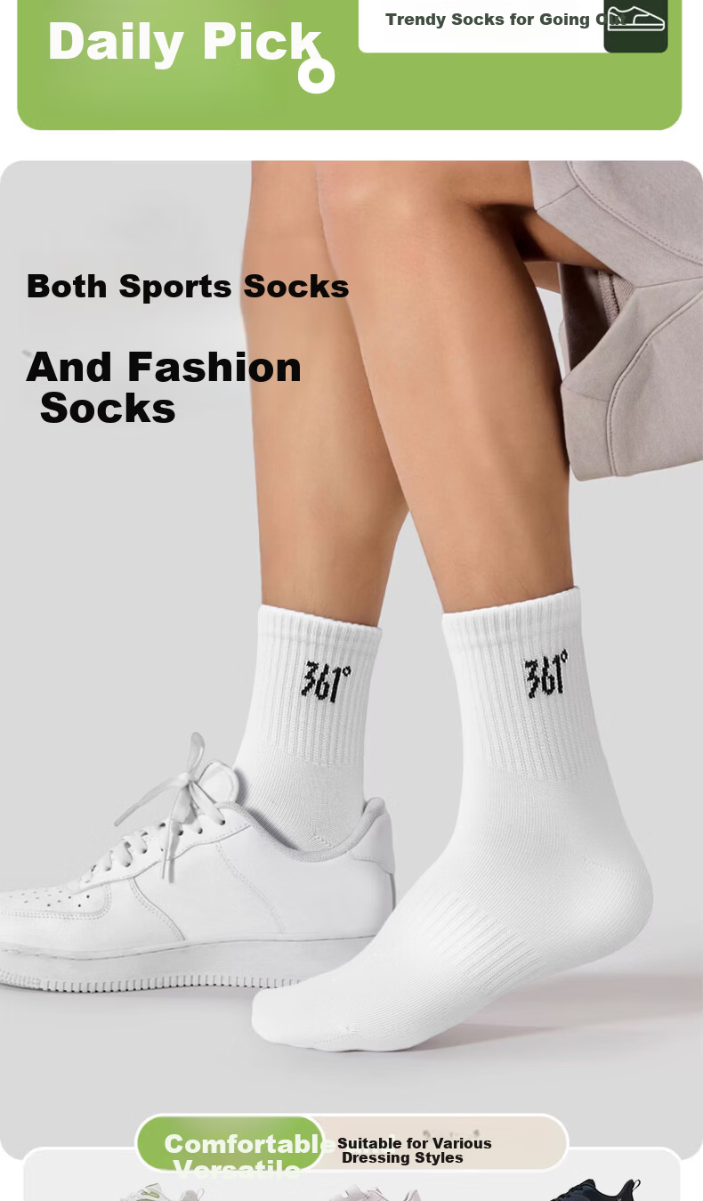 361° Spring Summer Cotton Mid-Calf Men's Sports Casual Solid Color Breathable Long Socks White - 4 Pairs Pack 6
