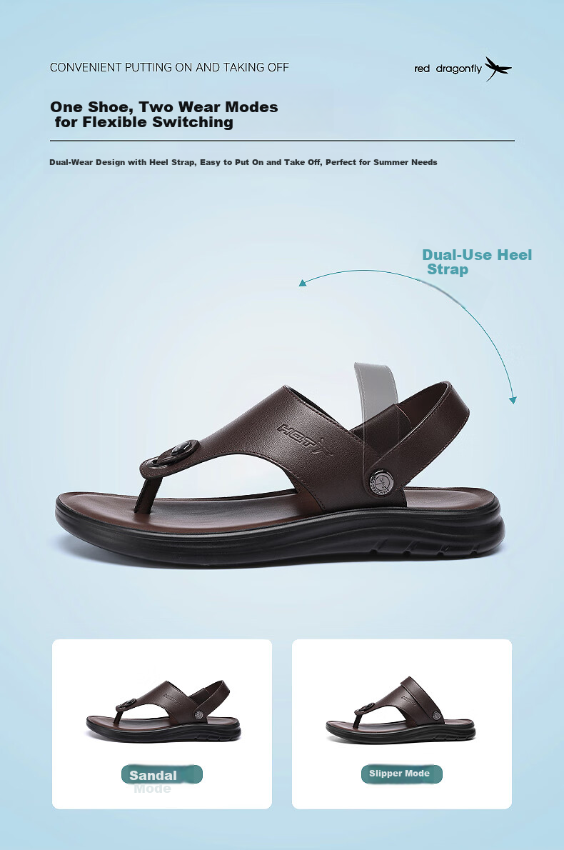 Red Dragonfly Men's Leather Breathable Casual Sandals Dual-Wear Leather Beach Shoes WLT250081 Black Size 42 3