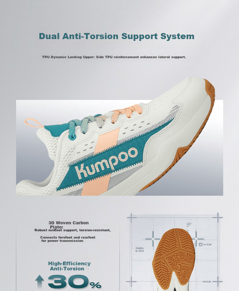 KUMPOO 26th Anniversary New Badminton Shoes Unisex Durable Non-Slip Shock Absorption KH-E316 White/Green/Blue Size 41 6