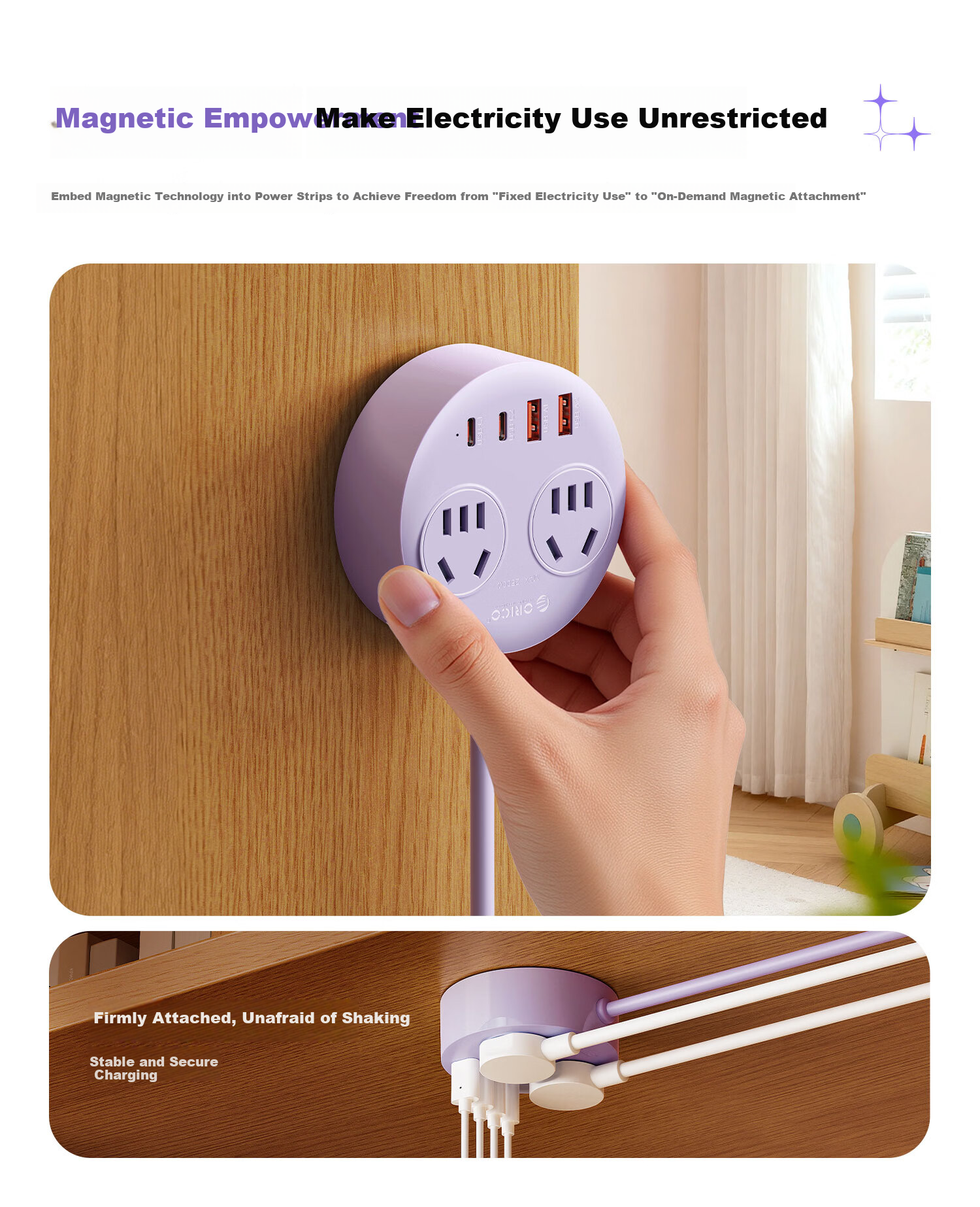 ORICO Small Magnetic Multifunctional Power Strip Socket One-to-Multiple Dormitory Office Home Extension Cord USB Desktop Charging Station Supports 20W Fast Charging 2M Blue 4