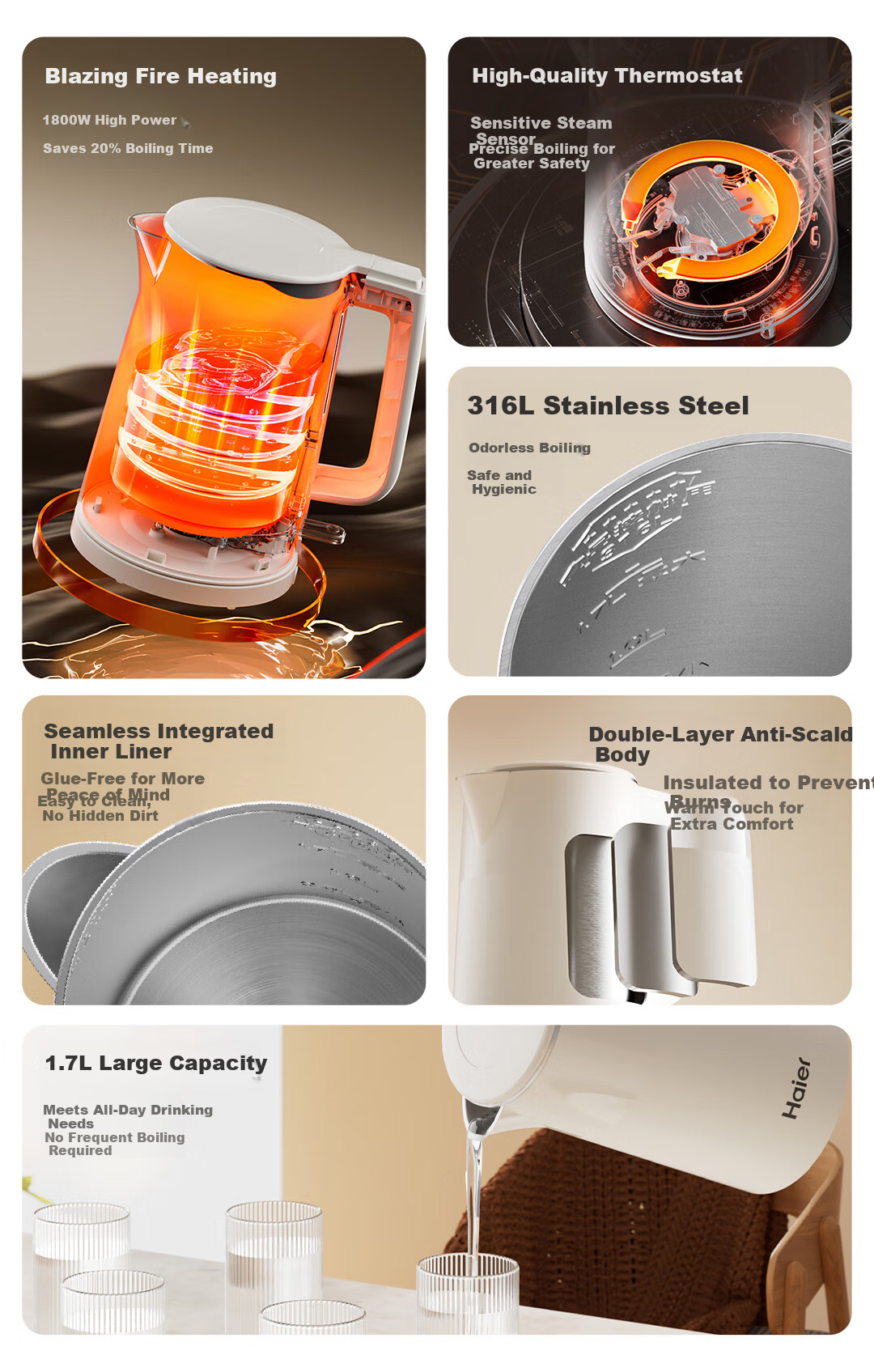 Haier Electric Kettle 1.7L 316L Food-Grade Stainless Steel Seamless Inner Liner Double-Layer Anti-Scald HSK-K617W3 2