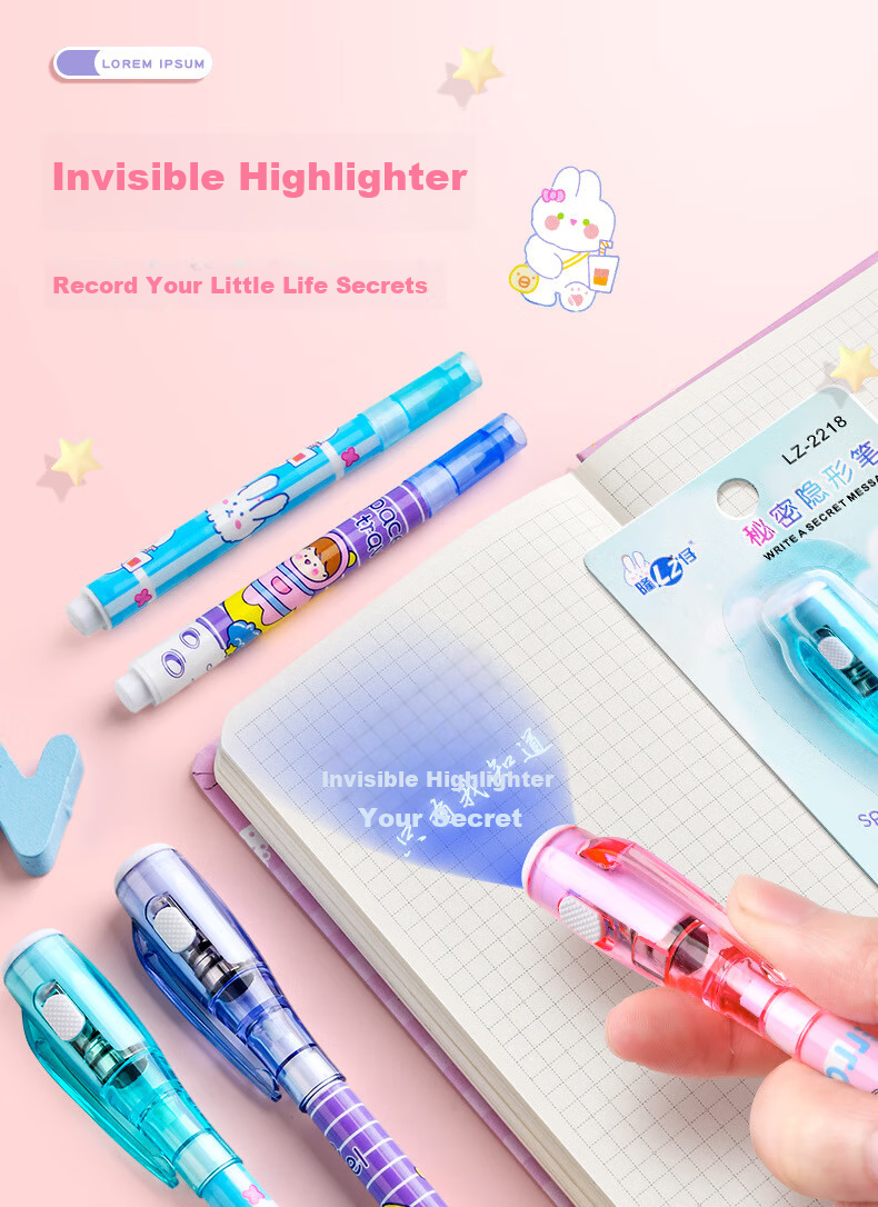 Jiamo Invisible Light Pen Gel Pen Disappearing Invisible Highlighter Magic Light Pen Ink Pen Luminous Creative Cartoon Double-Ended UV Ballpoint Secret Writing Glow Pen 2