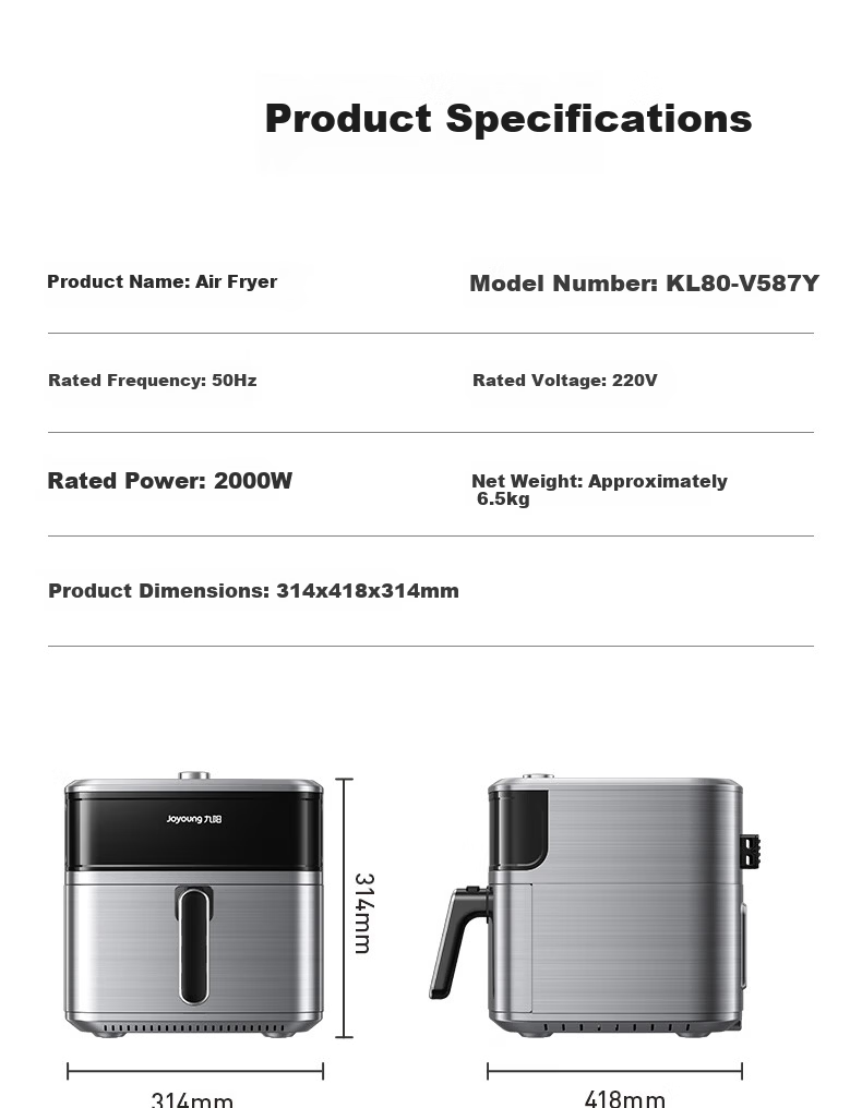 Joyoung Dual Heat Source Air Fryer 7.8L Large Capacity Visible Window Stainless Steel Steam Oven KL80-V587Y 28