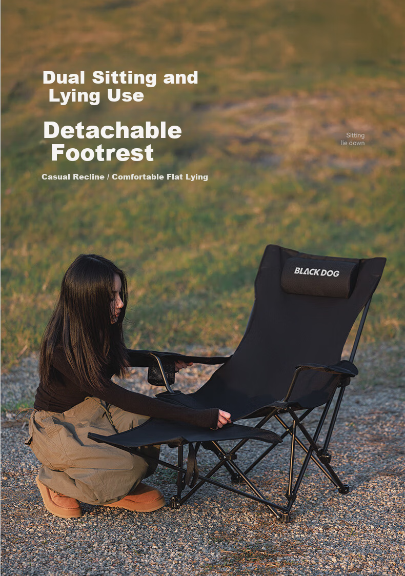 Black Dog Folding Recliner Camping Portable Nap Chair Adjustable 3-Level Outdoor Beach Chair for Autumn and Winter 6