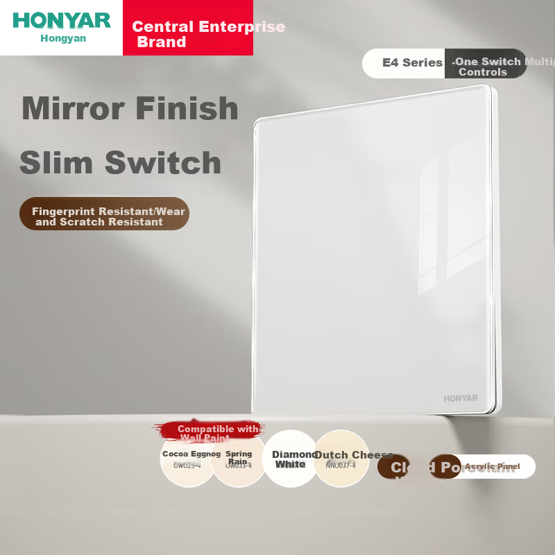 Hongyan E4 Series White Single Pole Multi-Control Switch 86 Type Flush Mounted Wall Power Socket Panel