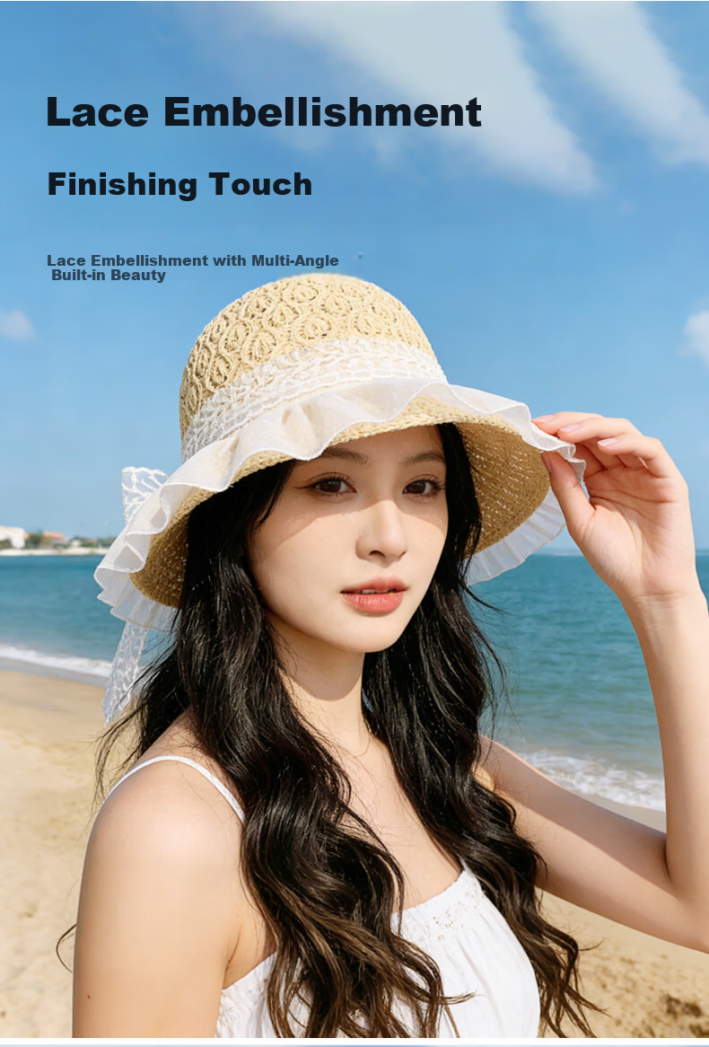 GLO-STORY Women's Lace Bow Straw Hat Summer Breathable Wide Brim Sunshade Sunscreen Beach Hat 2