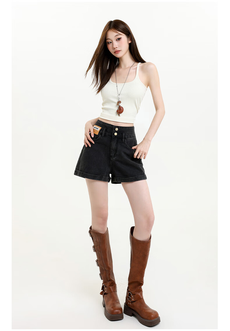 Jeanswest Women's Summer 2026 High-Waist Loose Slimming Wide-Leg A-Line Black Gray Denim Shorts S 13