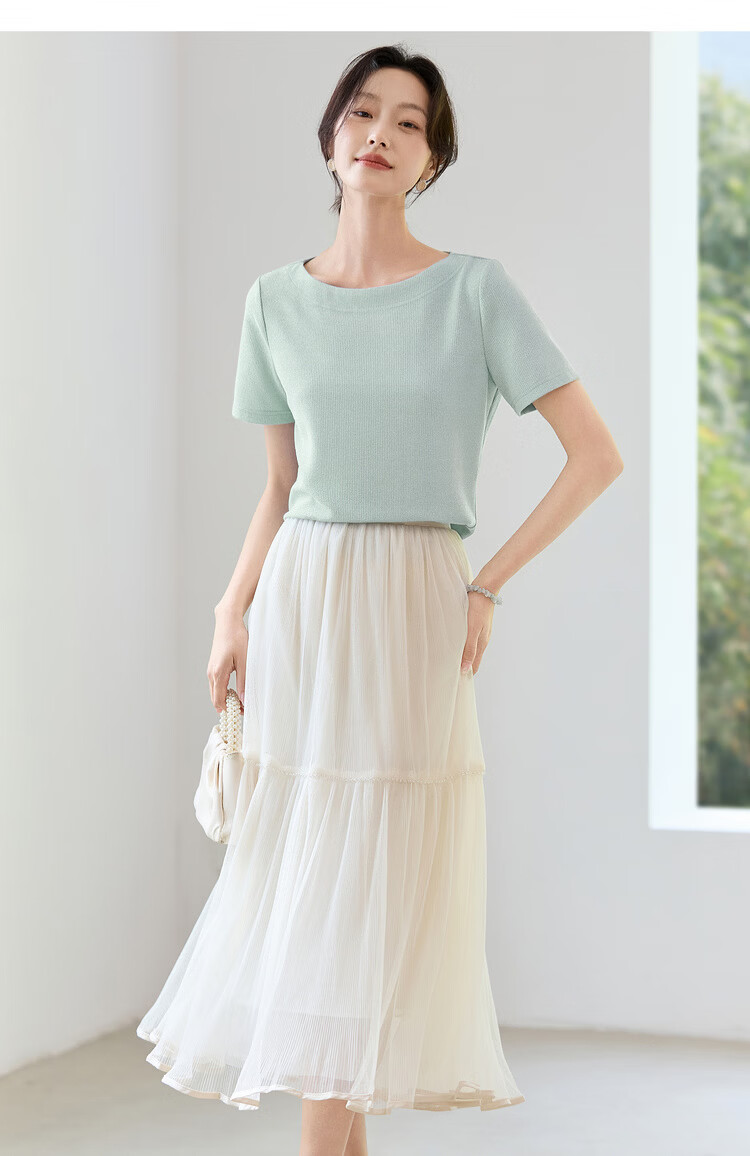 Shangdu Bila Off-Shoulder Boat Neck Double Needle Stitching T-Shirt for Women Summer Elegant Commuter Stretch Ribbed Knit Top 12