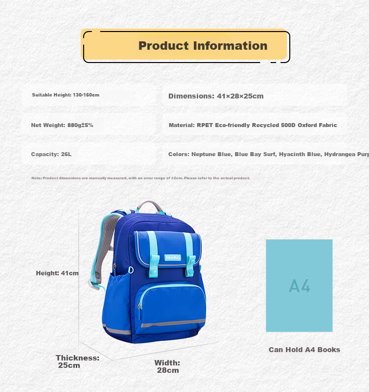MoonRock PCT Flagship Model Primary School Children's Backpack Large Capacity Bag for Grades 3-6 Poseidon Blue 9