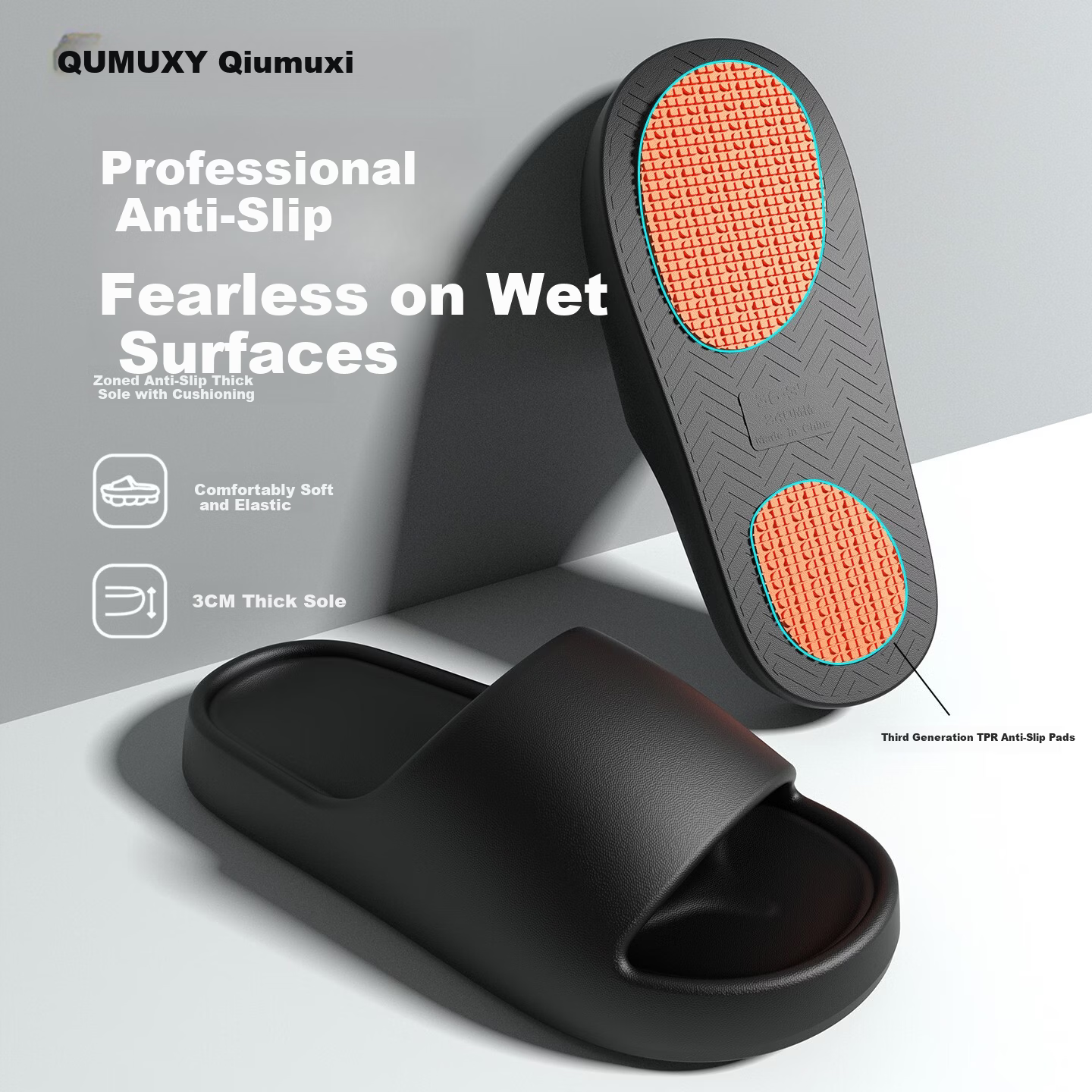 Qiumuxi Non-Slip Slippers for Men, Thick Sole EVA Indoor Quiet Couple's Summer Slippers, Black, Size 42-43