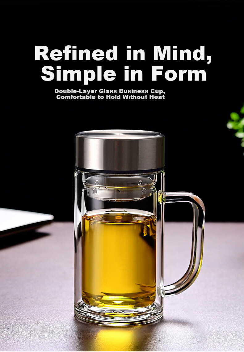 Jiwusenlin Double Layer Glass Business Tea Cup Large Capacity Office Meeting Water Cup with Handle 380ml 1