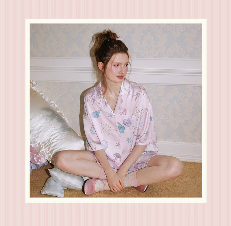 Gukoo Women's Summer Pajamas Shell Print New Ice Silk Sweet Lapel Loose Homewear Set Vanilla Pink S 14