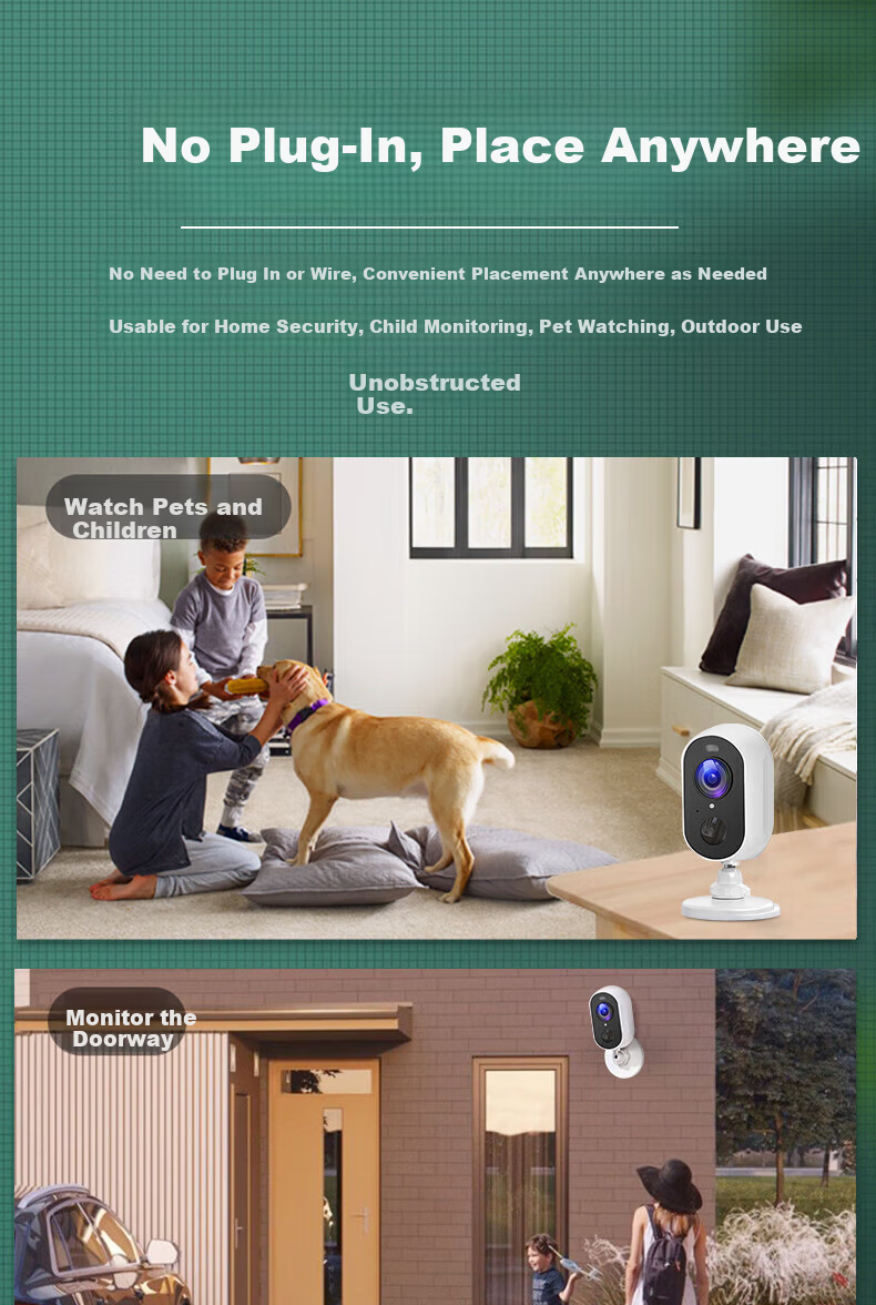 Leiweishi Wireless Battery-Powered Home Door Camera with WiFi, Remote Mobile Monitoring, 360° Panoramic View, Night Vision, No Power Plug Needed, Indoor and Outdoor Use 9
