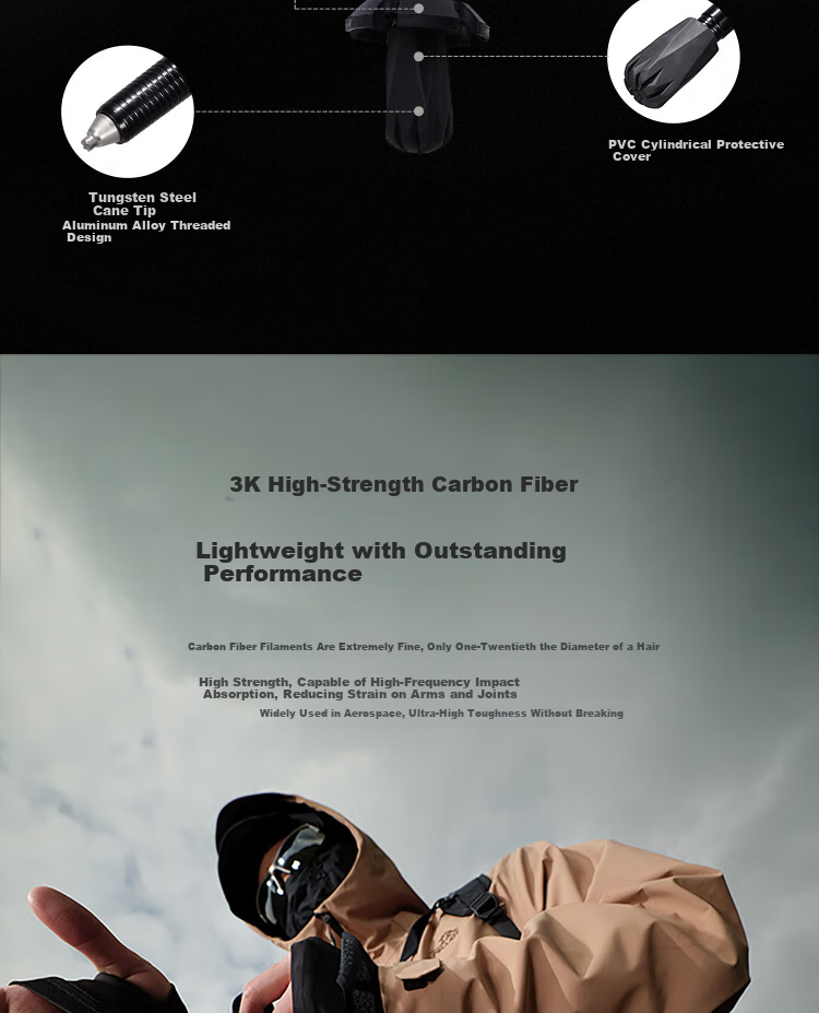 Pelliot Yuyi Outdoor 3K Carbon Fiber Folding Ultralight Hiking Trekking Pole 16403644 Black 3