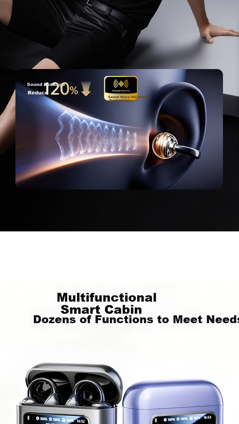 Chuangu 2026 Latest 2.5D Smart Screen Bluetooth Bone Conduction Earphones Top 10 Concept Open-Ear Wireless Ear Clips Large Battery Long Battery Life for Running 13