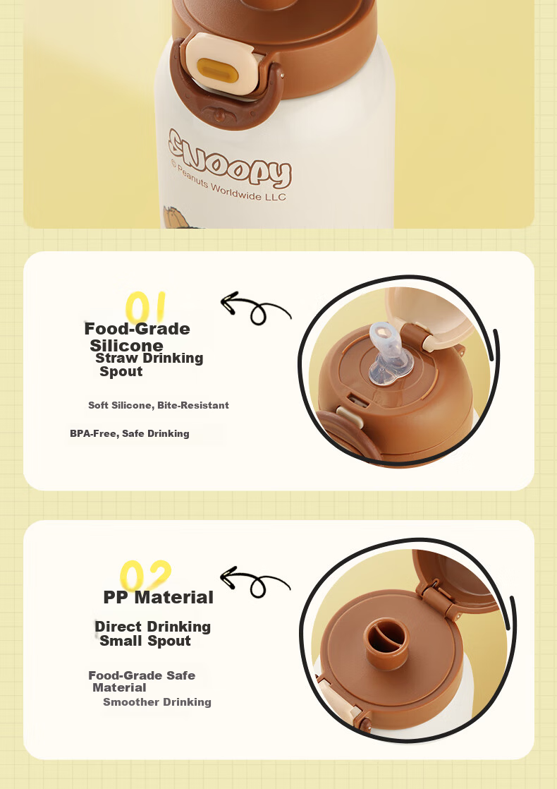 SNOOPY Children's Insulated Cup with Sleeve, 316 Stainless Steel Kindergarten Direct Drinking Water Bottle, Dual-Use Straw Water Cup for Boys And Girls Students 3