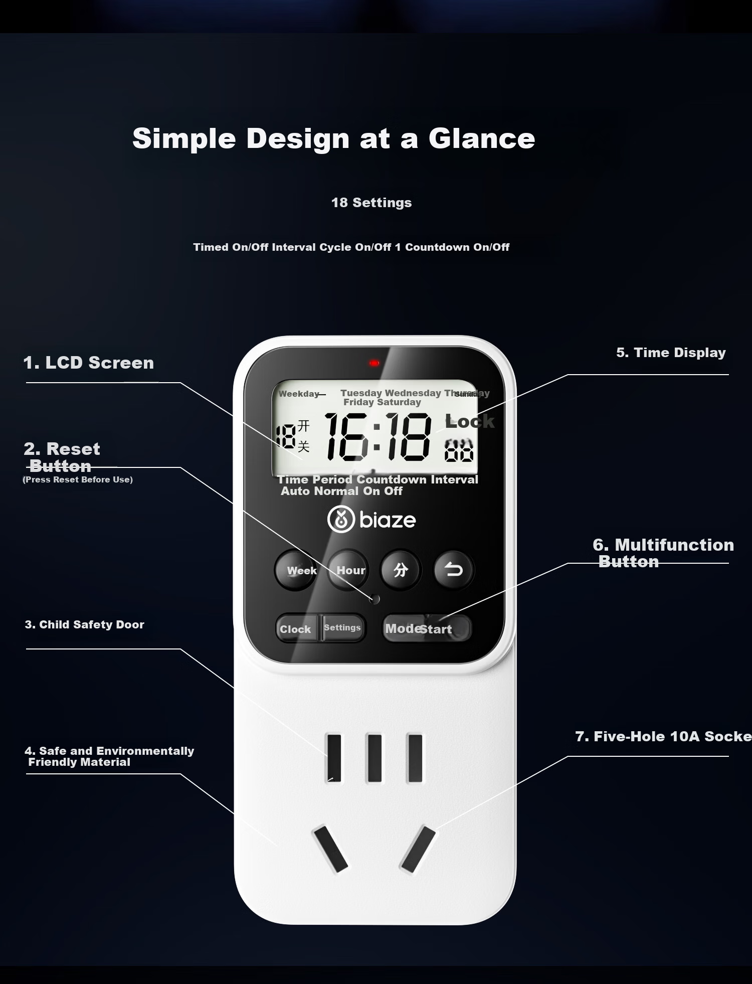BIAZE Timer Socket National Standard Digital Electronic Timer Control Socket Timer Countdown Intermittent Cycle Power On/Off Built-in Battery with Power-off Memory No Switch 10