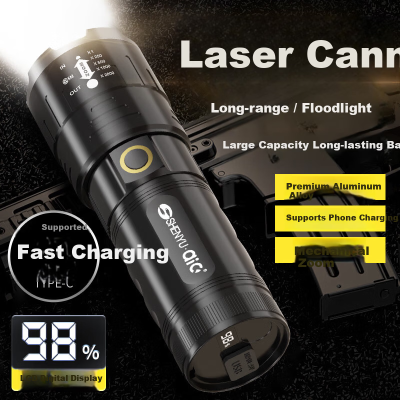 AIC High-Power Zoomable Flashlight Long-Range Outdoor Laser Super Bright Rechargeable Emergency Lighting