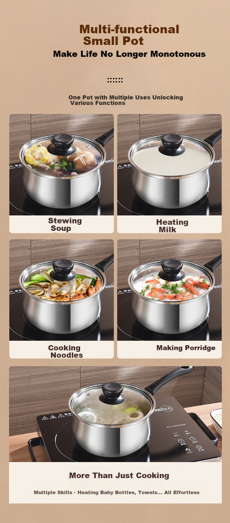 BSITN 304 Stainless Steel Non-Stick Milk Pot, 18cm Small Milk Pot, Baby Food Pot, Cooking Pot, Compatible with Gas And Induction Stoves, 1530 4