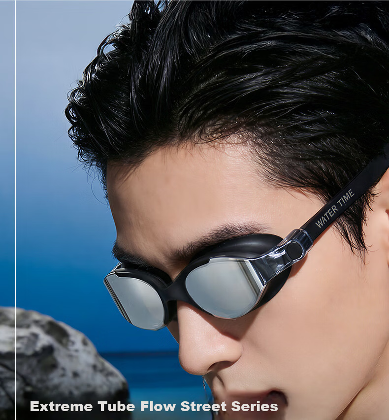 WATERTIME Men's Durable Anti-Fog HD Waterproof Swimming Goggles Professional Prescription Glasses Silver Black 200° 1