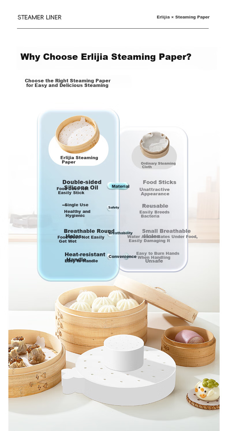Erlijia Disposable Food-Grade Non-Stick Steamer Paper for Buns and Mantou, Round with Handle, Household Steamer Liner Paper 6