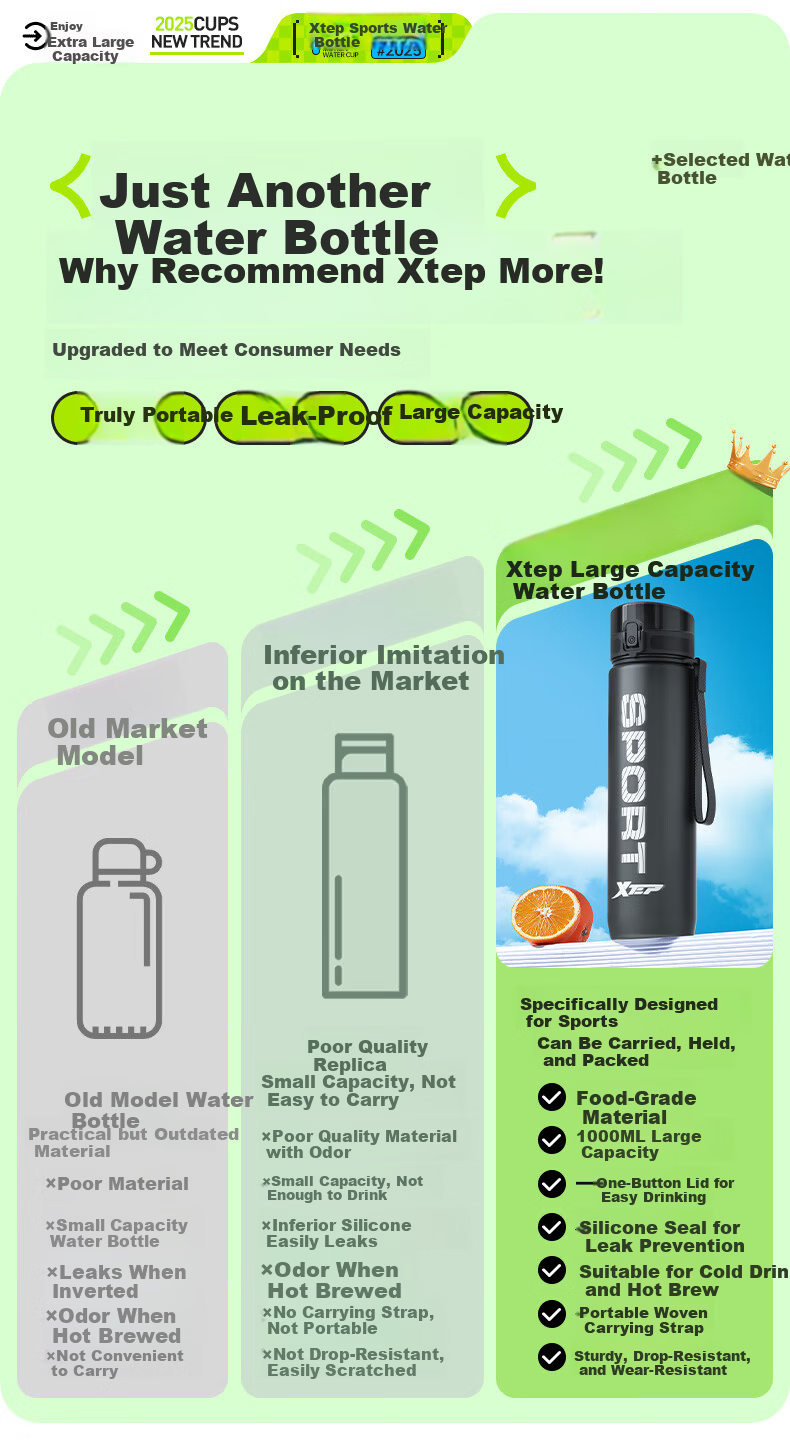 XTEP Sports Water Bottle Large Capacity Student Children School Use Unisex Fitness Portable Bottle High Temperature Resistant Summer Cup Black 7