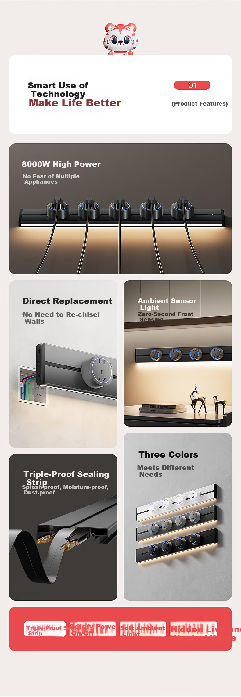 International Electric Track Socket with Sensor Light Kitchen Sideboard Island High Power Smart Power Rail Strip Surface Mounted Track Mobile Power 60cm + 4 Adapters 2
