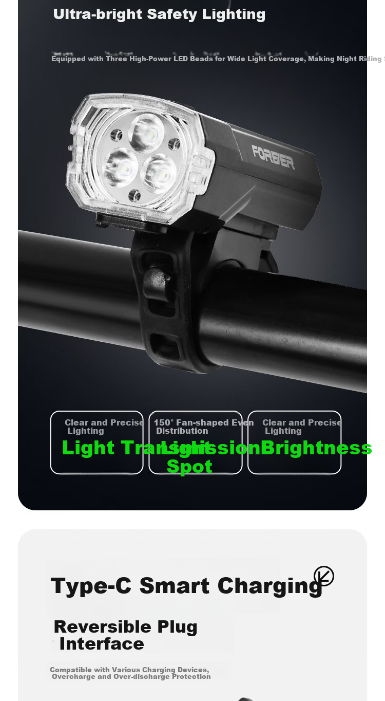Forever Night Rider High-Power LED Flashlight Triple Light Super Bright 155° Floodlight German Standard Front Bike Light Dual LED Bulbs 5