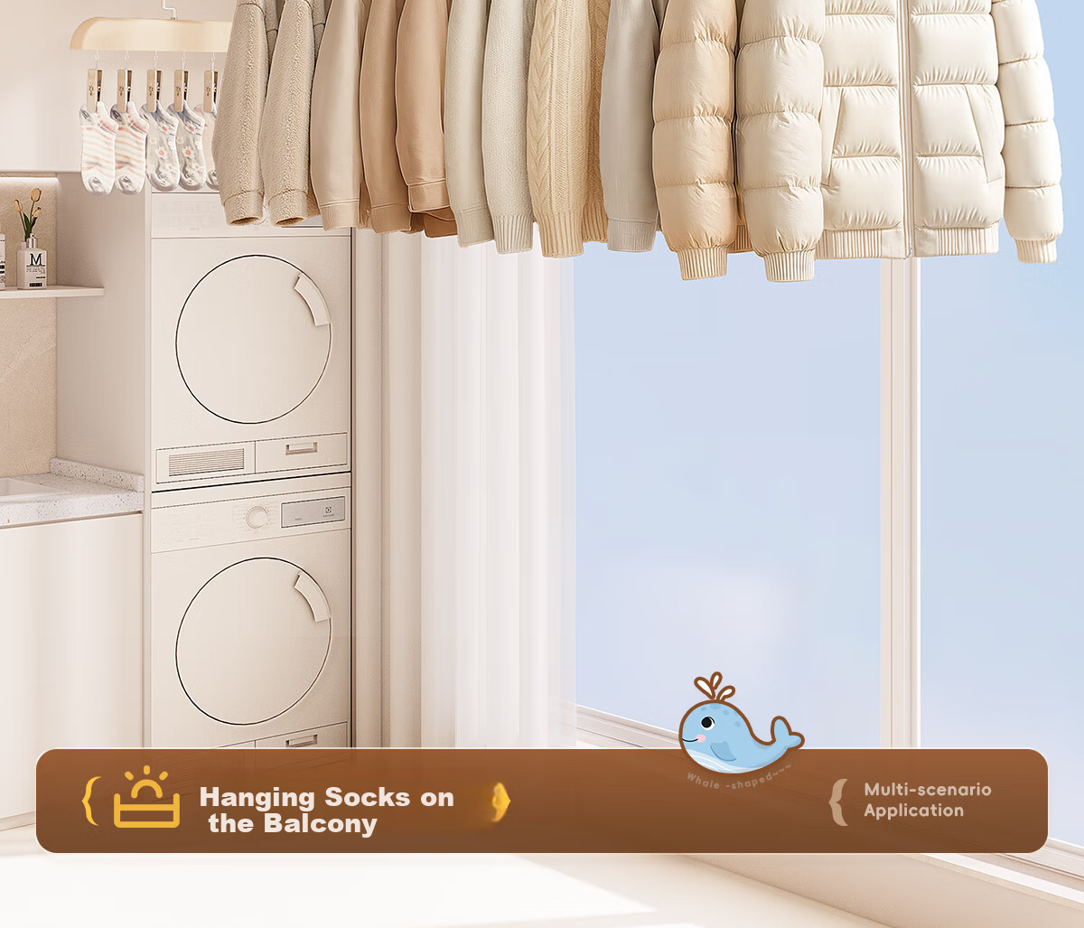 Futuristic No-Drill Telescopic Clothes Drying Rod Universal Hook Balcony Wardrobe Hanging Rod Cream White 35-50cm 16