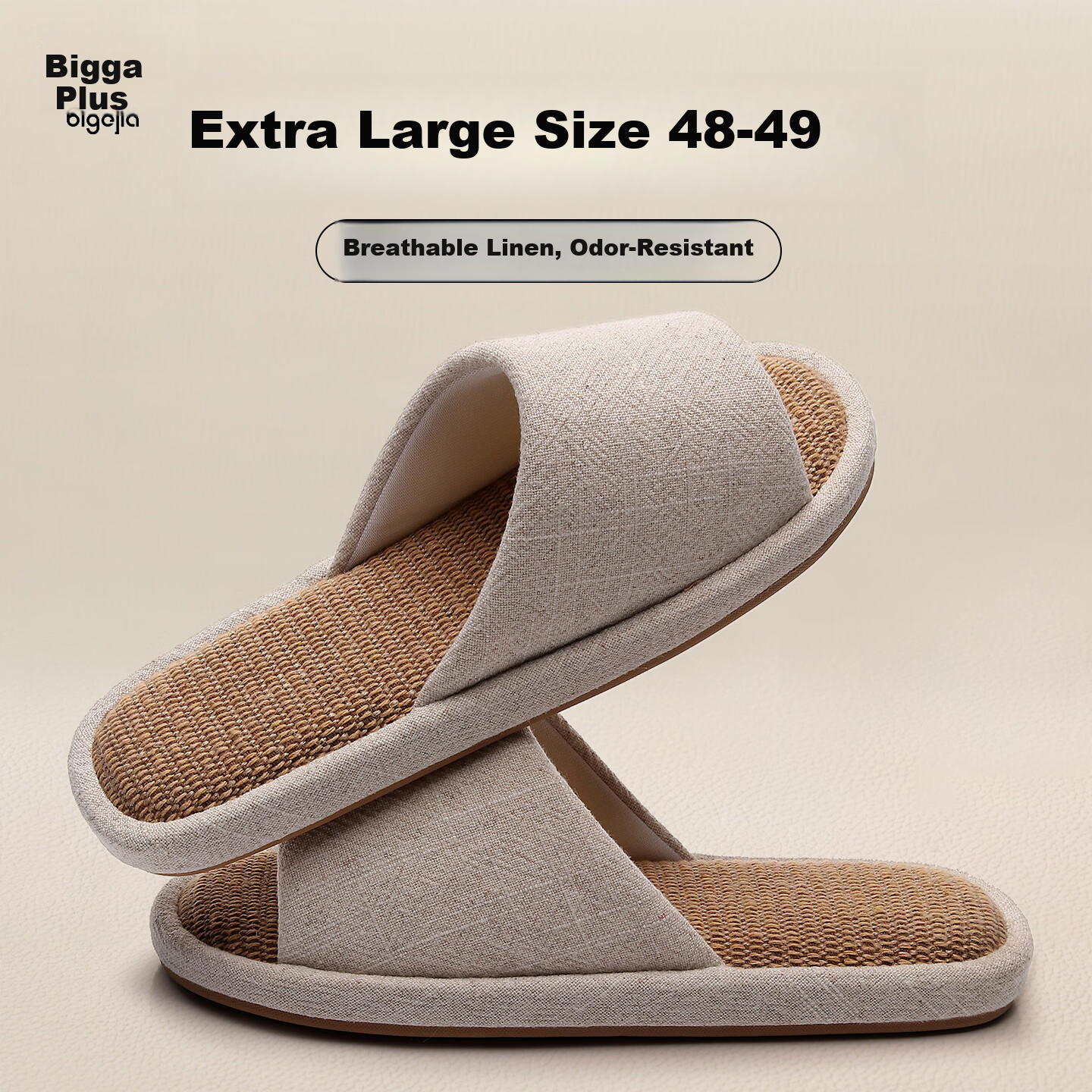 Big Size Linen Slippers for Men 4647 Indoor Home Breathable Cotton Linen Fabric Slippers All Seasons Beige 48-49
