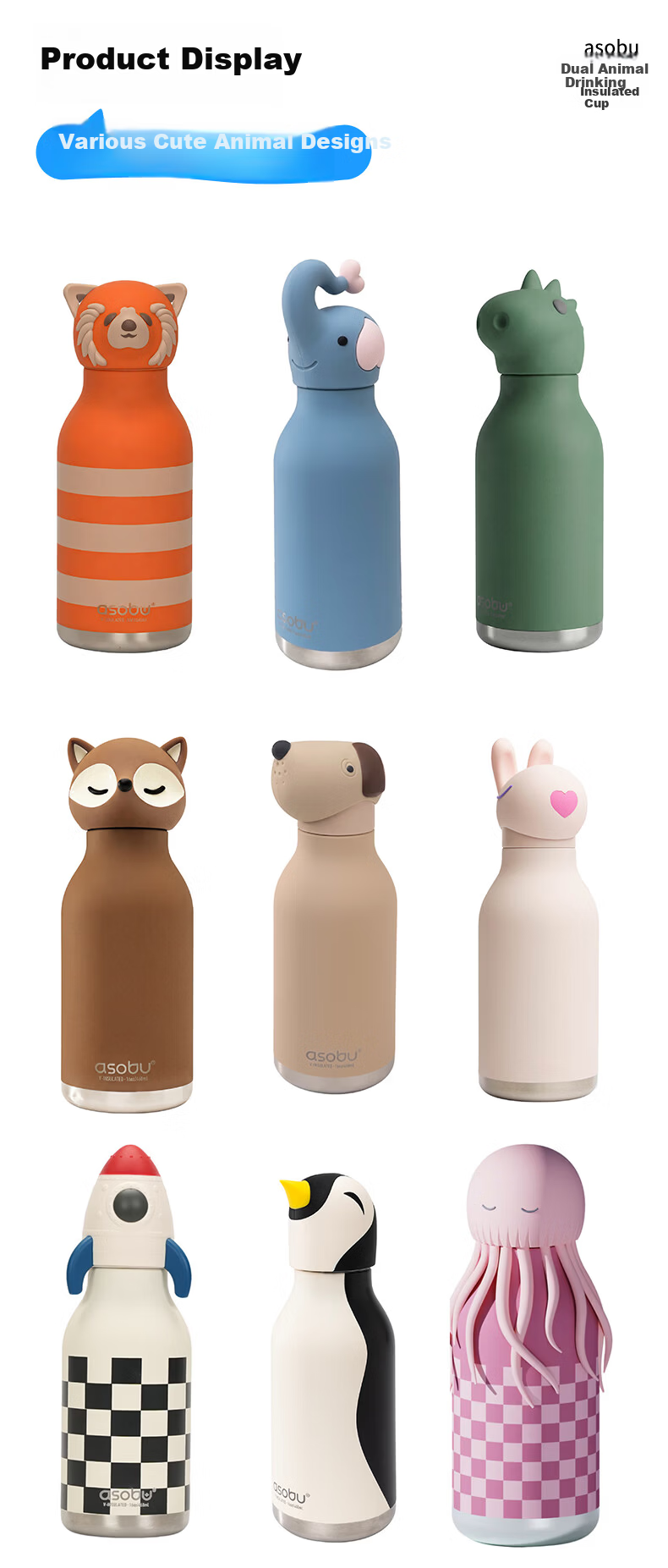 ASOBU Animal Insulated Bottle with Removable Straw Silicone Sleeve Cute Portable for Daily Use Students Kids Outdoor 7