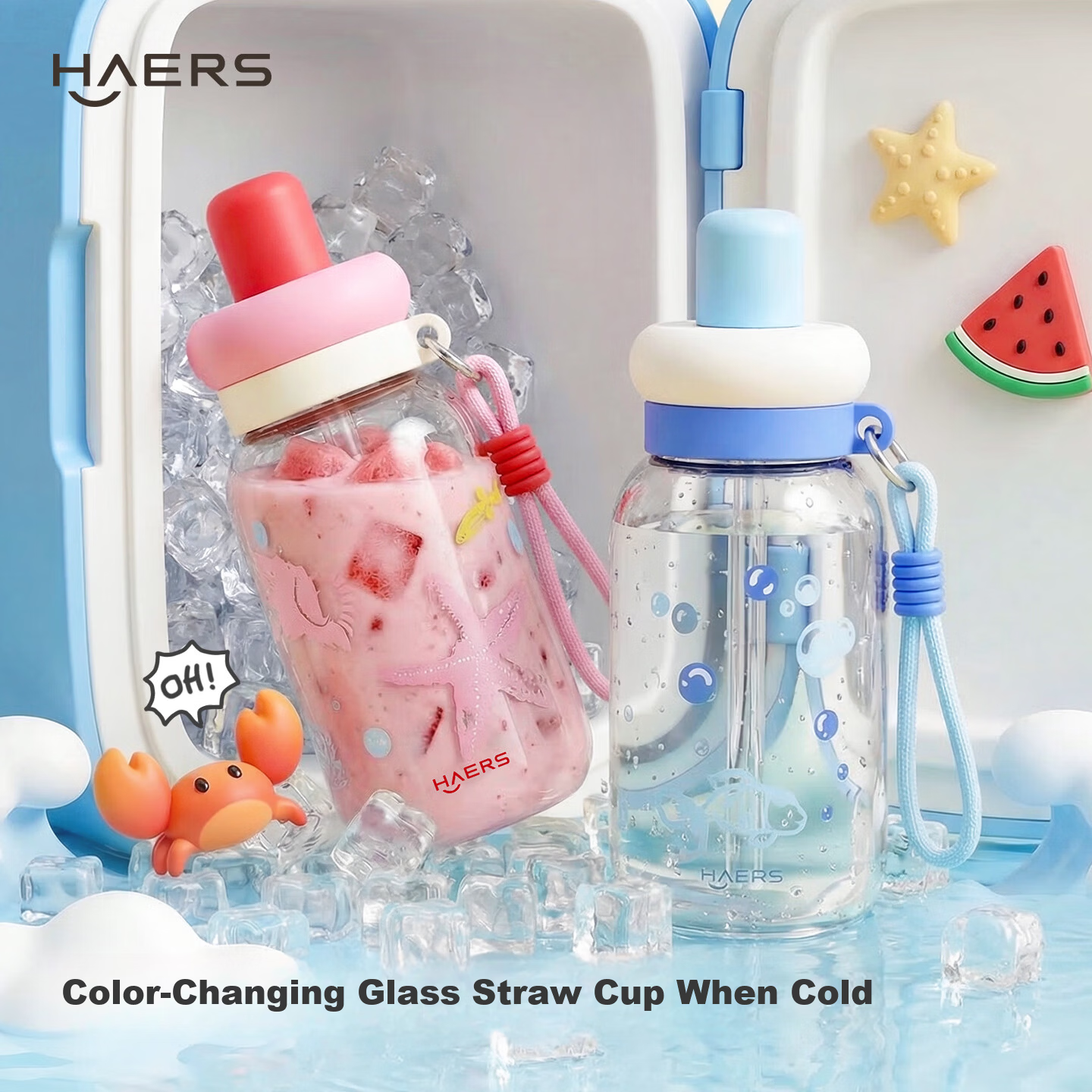 HAERS Glass Cup High-Value Summer Straw Cup for Girls Student Desktop Water Cup Heat-Resistant Suitable for Boiling Water Pink 520ml