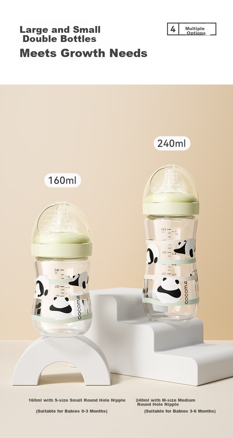 COCOME Gulu Xiongmao 0-3 Months Newborn Colostrum Anti-Colic Glass Bottle, Shatterproof And Heat-Resistant, 160ml 4