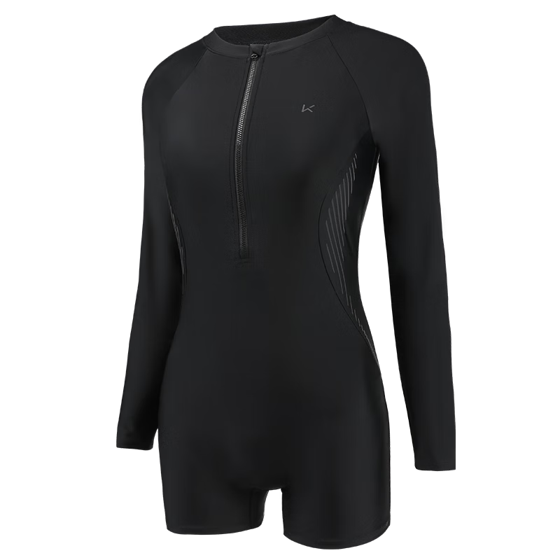 Keep Women's One-Piece Long-Sleeve Boyleg Swimsuit, Professional Training Conservative Plus Size Swimwear, 603 Black, L