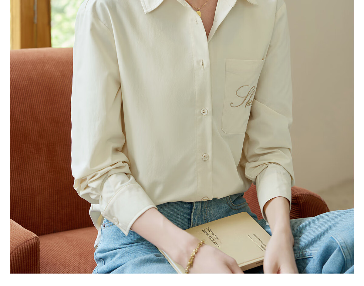 Chushen Spring And Autumn Long-Sleeve Shirt for Women, Turn-Down Collar, Embroidered Pockets, Versatile Commuter Blouse Top S143C2027 28