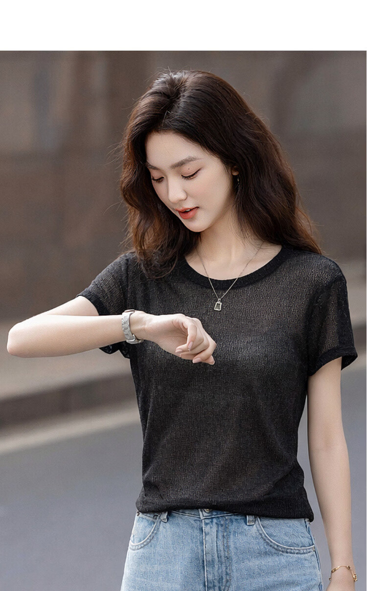 Demana Breathable Linen Summer Lightweight Mesh Round Neck Short Sleeve Slim Fit Casual Women's T-Shirt 5