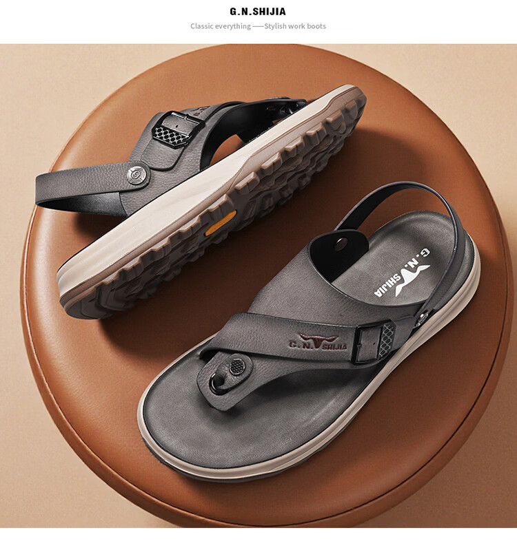 Bull Family Men's Leather Sandals Summer New Dual-Wear Soft Sole Durable Outdoor Beach Casual Flip-Flops 20