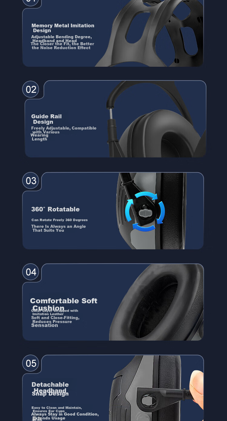Huadun Noise Reduction Ear Muffs Noise Cancelling Soundproof Black Rotatable 34dB 1 Pair HD-X5 8