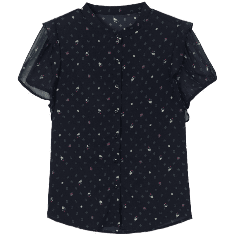 Demana Elegant Urban Summer Fresh Print Stand Collar Lace Sleeve Loose Lightweight Slim Shirt for Women Premium Quality