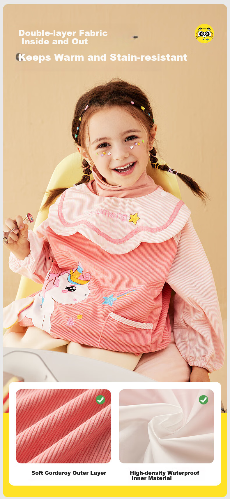 Mumeng Kids Apron Baby Feeding Bib Splash-proof Waterproof Anti-dirty Autumn Winter Reversible Unicorn Size M 5