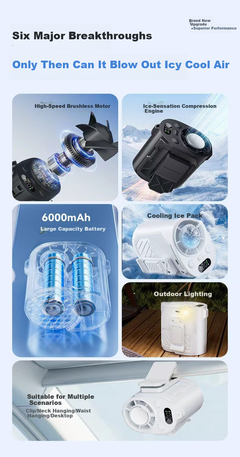 AUX Portable Waist Hanging Fan Personal Cooling Device Small Fan Outdoor Worksite High Power Long Battery Life Rechargeable Clip-On Waist Neck Hanging Air Conditioner Fan 6